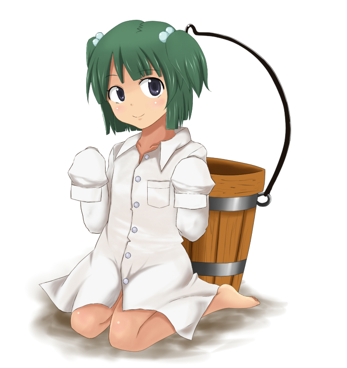 goro, kisume, touhou, bad id, bad pixiv id, 1girl, barefoot, bucket, female focus, full body, green eyes, green hair, hair bobbles, hair ornament, legs, oversized clothes, short hair, sitting, solo, twintails, white background