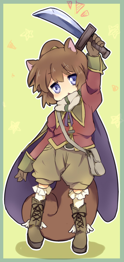 maruki (punchiki), original, pixiv fantasia, bad id, bad pixiv id, gender request, :<, androgynous, animal ears, boots, cape, solo, weapon