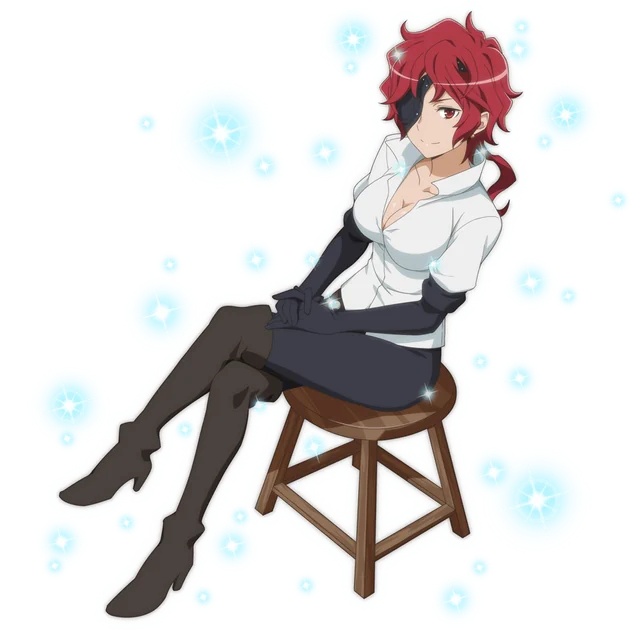 hephaistos (danmachi), dungeon ni deai wo motomeru no wa machigatteiru darou ka, official art, source request, 1girl, breasts, cleavage, eyepatch, large breasts, red hair, smile