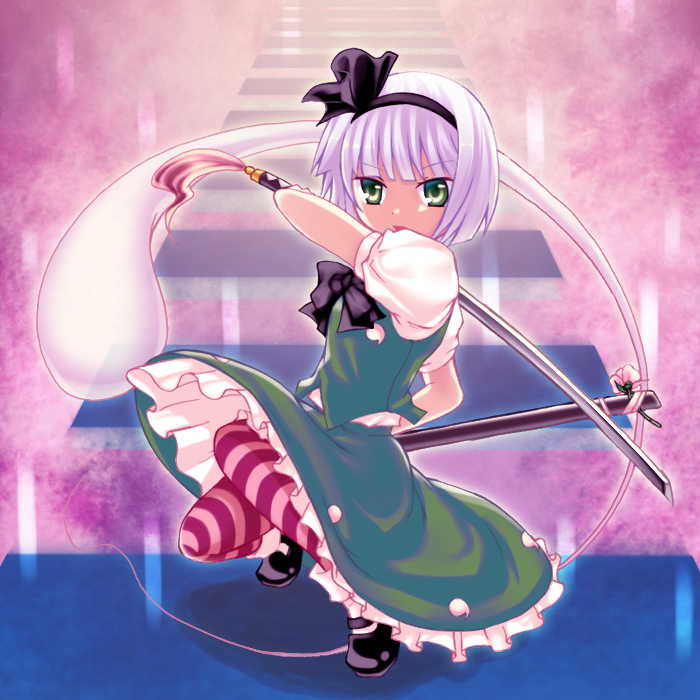 33paradox, konpaku youmu, konpaku youmu (ghost), touhou, silver hair, bad id, bad pixiv id, 1girl, female focus, flower, full body, green eyes, hitodama, pantyhose, sheath, skirt, socks, solo, striped clothes, striped pantyhose, striped socks, sword, thighhighs, weapon