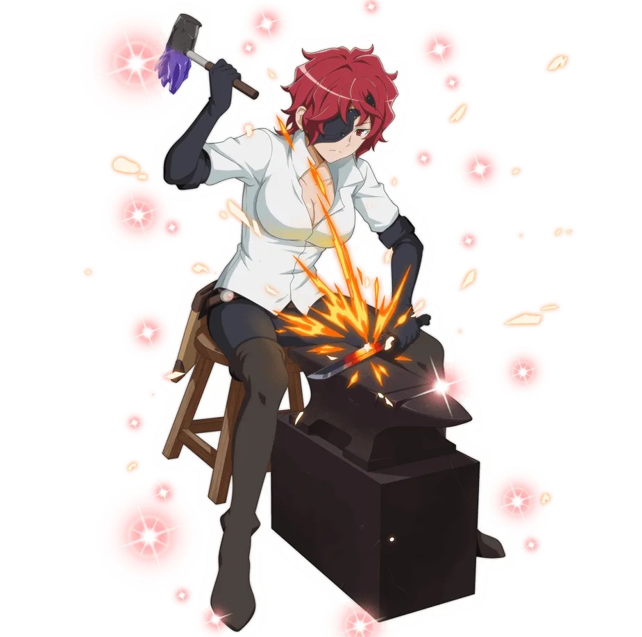 hephaistos (danmachi), dungeon ni deai wo motomeru no wa machigatteiru darou ka, official art, source request, 1girl, breasts, cleavage, eyepatch, large breasts, red hair, smile