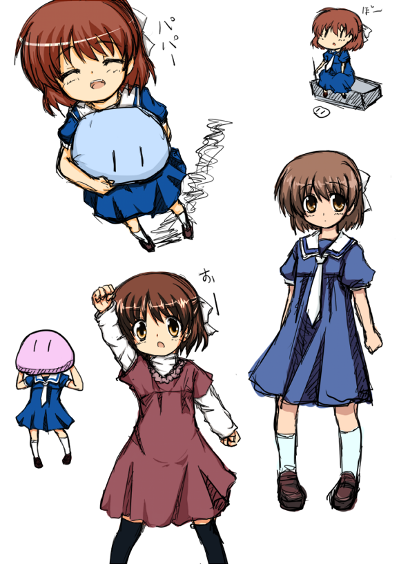 gokatsu, okazaki ushio, clannad, dango daikazoku, 00s, 1girl, brown eyes, brown hair, chibi, child, clenched hands, closed eyes, dress, raised fist, sailor dress, school uniform, short hair