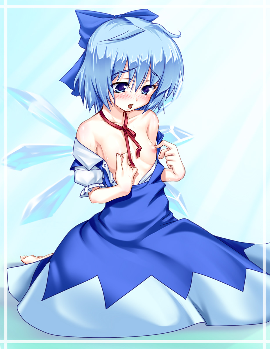 aogiri penta, cirno, embodiment of scarlet devil, touhou, highres, 1girl, bare shoulders, barefoot, blue bow, blue eyes, blue hair, blush, bow, choker, female focus, flat chest, hair bow, loli, matching hair/eyes, nipple stimulation, nipple tweak, nipples, off shoulder, open clothes, open shirt, ribbon choker, shirt, short hair, sitting, solo, sweat, tongue, wings