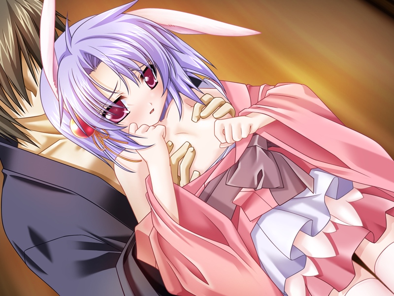 minazuki haruka, setsuna (relict2), relict2, game cg, 1boy, 1girl, animal ears, blush, couple, faceless, faceless male, flat chest, from behind, groping, hetero, japanese clothes, kimono, loli, petite, purple hair, red eyes