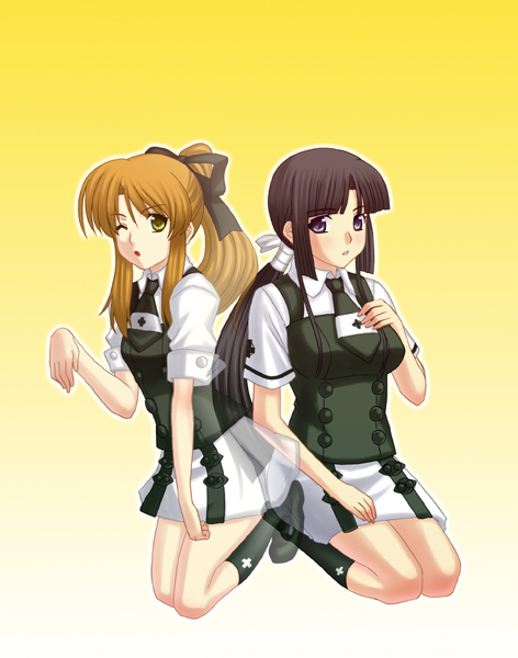 soramoto, minakami misao, takatsuki kanade, asura cryin', 00s, 2girls, ;d, blonde hair, bow, bowtie, brown hair, employee uniform, full body, kneeling, looking at viewer, multiple girls, one eye closed, open mouth, puffy short sleeves, puffy sleeves, school uniform, short sleeves, simple background, smile, yellow background