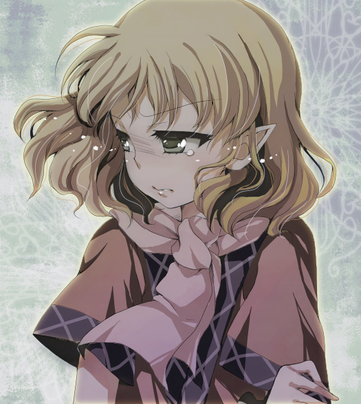 midori (green tea), midori (pixiv), mizuhashi parsee, touhou, looking away, 1girl, angry, averting eyes, blonde hair, female focus, green eyes, pointy ears, scarf, short hair, solo, tears, upper body