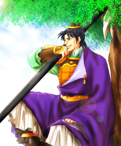 kantai (juuni kokuki), juuni kokuki, tagme, blue eyes, male focus, polearm, tree, weapon