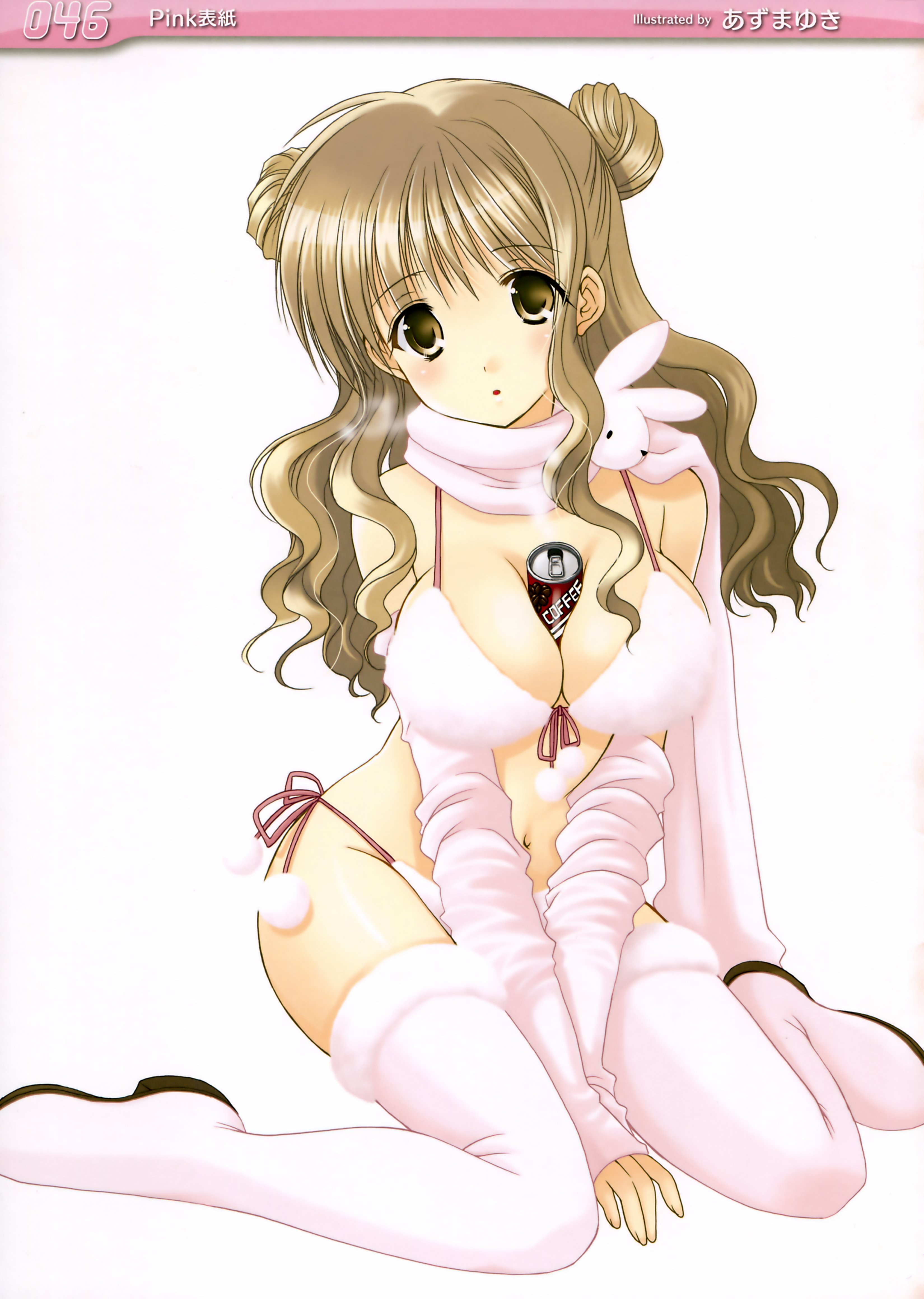 azuma yuki, absurdres, highres, 1girl, between breasts, boots, bra, breasts, brown eyes, brown hair, can, female focus, front-tie top, large breasts, lingerie, long hair, panties, pink bra, pink panties, side-tie panties, solo, thigh boots, thighhighs, underwear, underwear only