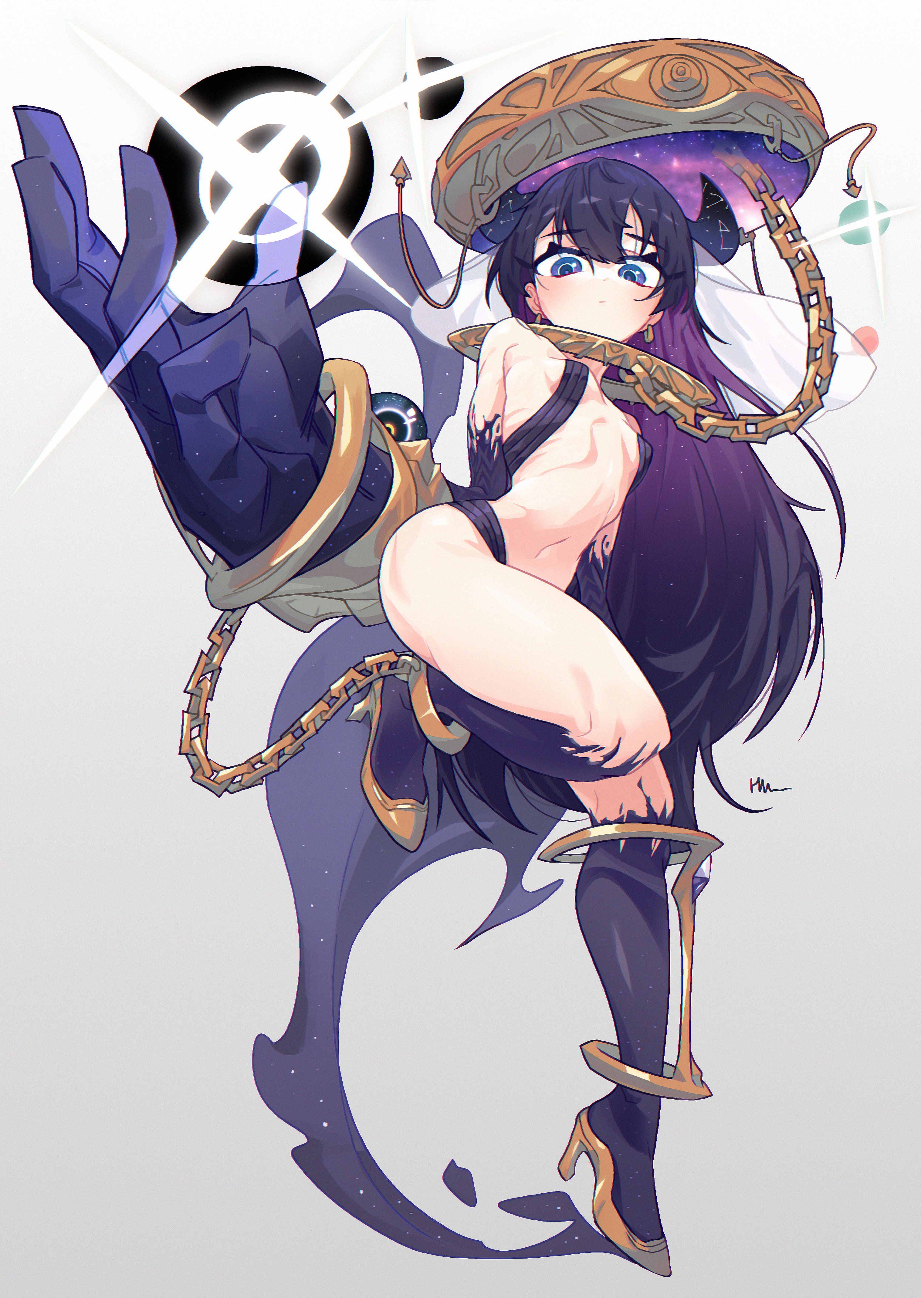 hamma, khaos (ketron), original, large arm, absurdres, commentary, english commentary, highres, 1girl, anklet, bare shoulders, blue eyes, blue hair, blue horns, breasts, chain, chained legs, colored inner hair, double-parted bangs, earrings, from below, glowing, glowing eyes, gold chain, gold ring, gold shoes, gradient hair, high heels, horns, jewelry, leg up, long hair, looking at viewer, looking down, multicolored hair, navel, petite, purple hair, ribs, shoes, signature, simple background, small breasts, solo, starry hair, starry skin, starry sky print, stomach, thighs, two-tone hair, very long hair, white background