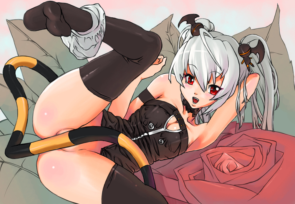 galugama, alice (queen's gate), nitroplus, queen's blade, queen's gate, 00s, 1girl, ass, blue hair, blush, bottomless, breasts, censored, cleavage, convenient censoring, female focus, flower, loli, no panties, panties, panties around leg, red eyes, rose, solo, tail, thighhighs, underwear, whip, white hair