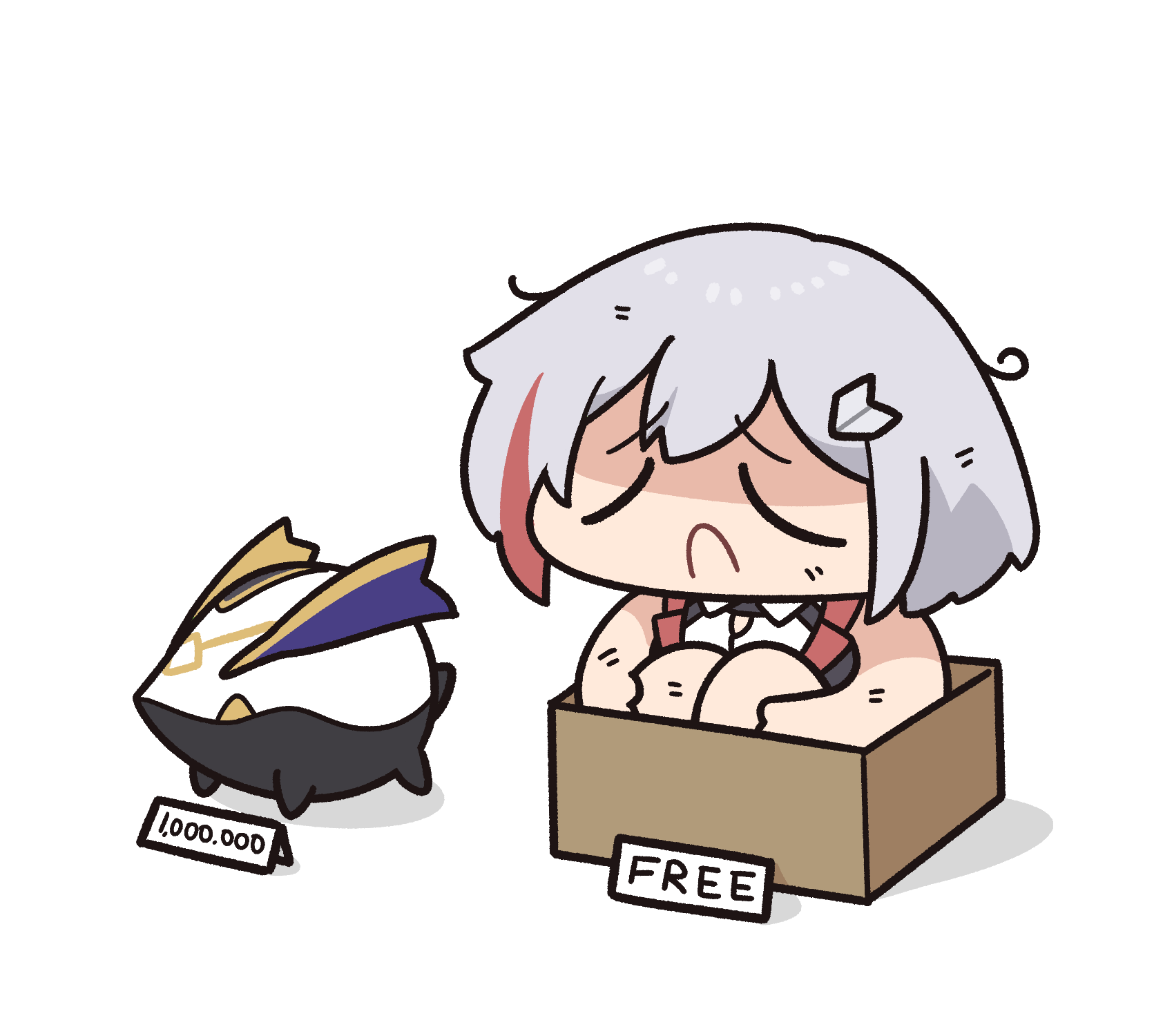 underdatv, numby (honkai: star rail), topaz (honkai: star rail), trotter (honkai: star rail), honkai: star rail, honkai (series), commentary request, highres, korean commentary, 1girl, :c, box, cardboard box, chibi, closed eyes, creature, for adoption, frown, full body, furrowed brow, grey hair, in container, knees to chest, messy hair, multicolored hair, price tag, red hair, short hair, simple background, sitting, streaked hair, white background
