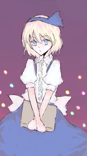en (engawa), alice margatroid, alice margatroid (pc-98), mystic square, touhou, touhou (pc-98), 1girl, blonde hair, blue eyes, book, female focus, grimoire, hairband, holding, holding book, looking at viewer, puffy short sleeves, puffy sleeves, short hair, short sleeves, solo