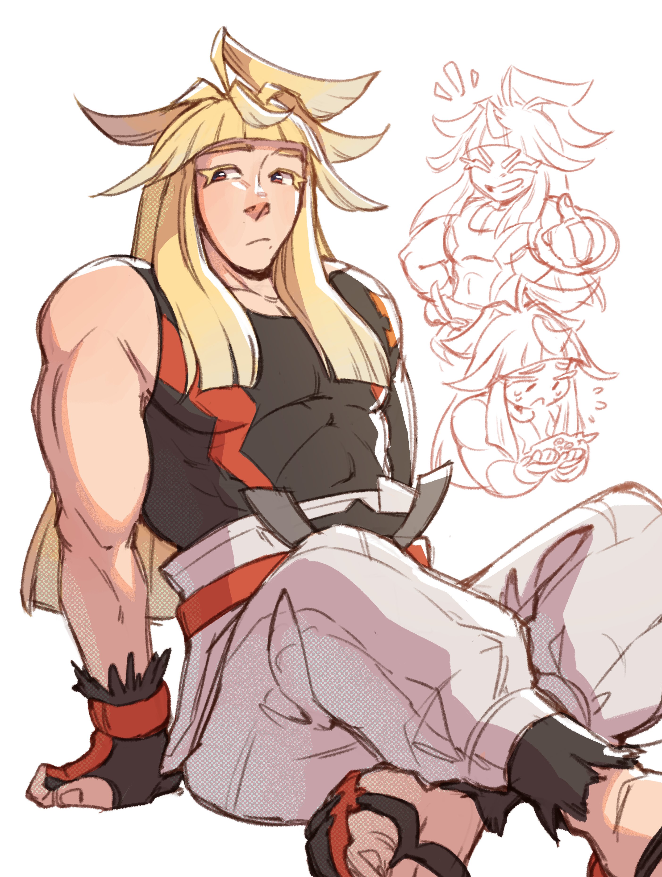 teliivision, ivor (pokemon), rotom, rotom phone, nintendo, pokemon, pokemon legends: z-a, absurdres, commentary, english commentary, highres, 1boy, arm support, belt, black gloves, black sandals, blonde hair, blunt bangs, brown eyes, closed eyes, colored eyelashes, crossed legs, fingerless gloves, full body, gen 4 pokemon, gloves, hand on own hip, hands up, long hair, looking to the side, male focus, multiple views, muscular, muscular male, notice lines, pants, partially colored, puffy pants, red belt, sandals, shirt, sitting, skin tight, sleeveless, sleeveless shirt, smile, thumbs up, white background, white pants