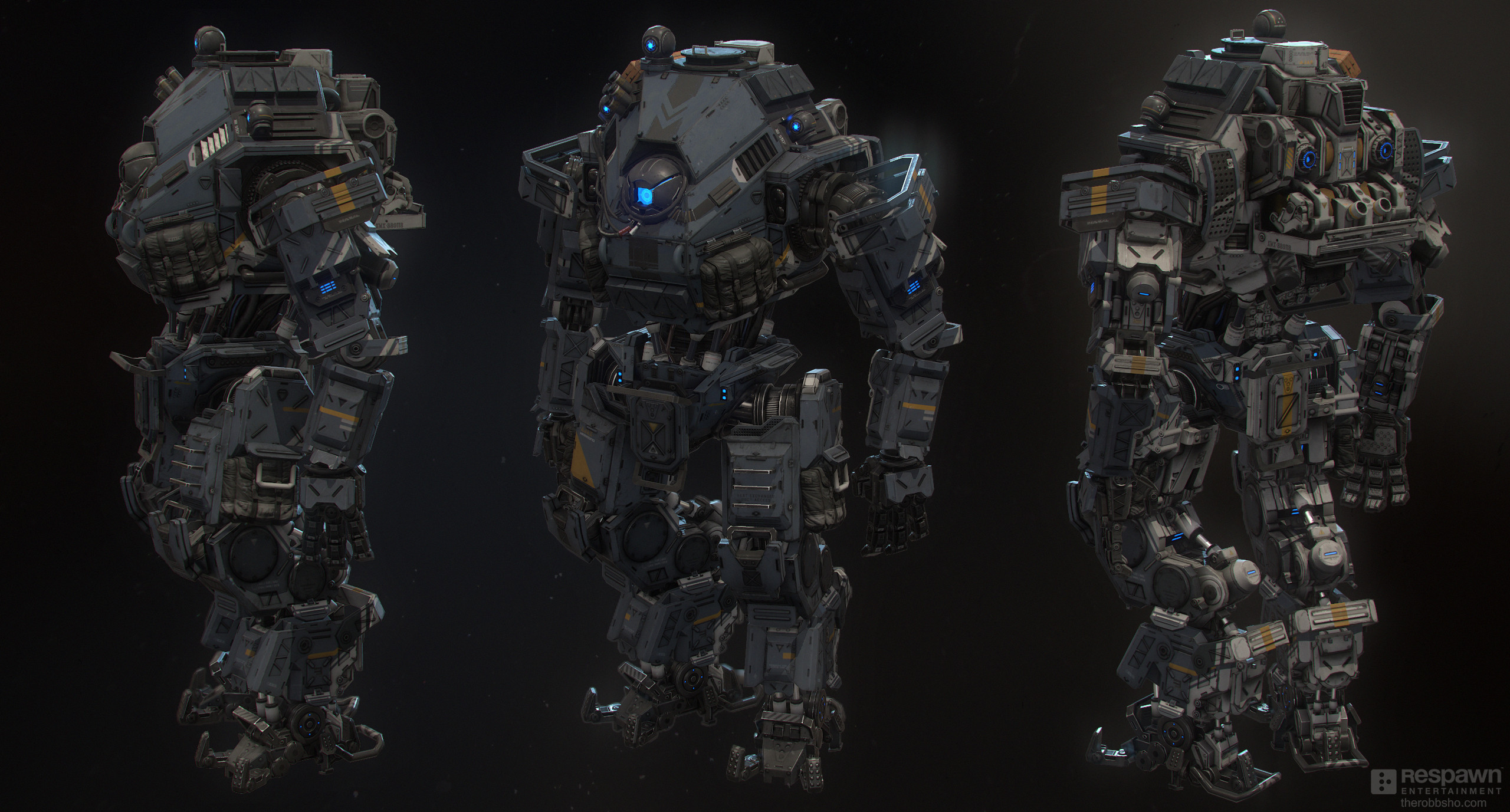 ion (titanfall 2), titanfall (series), titanfall 2, concept art, highres, official art, 3d, ammunition pouch, machinery, mecha, no humans, one-eyed, pouch, respawn entertainment, reverse-jointed legs, robot, science fiction, therobbsho, thrusters, titan (titanfall)