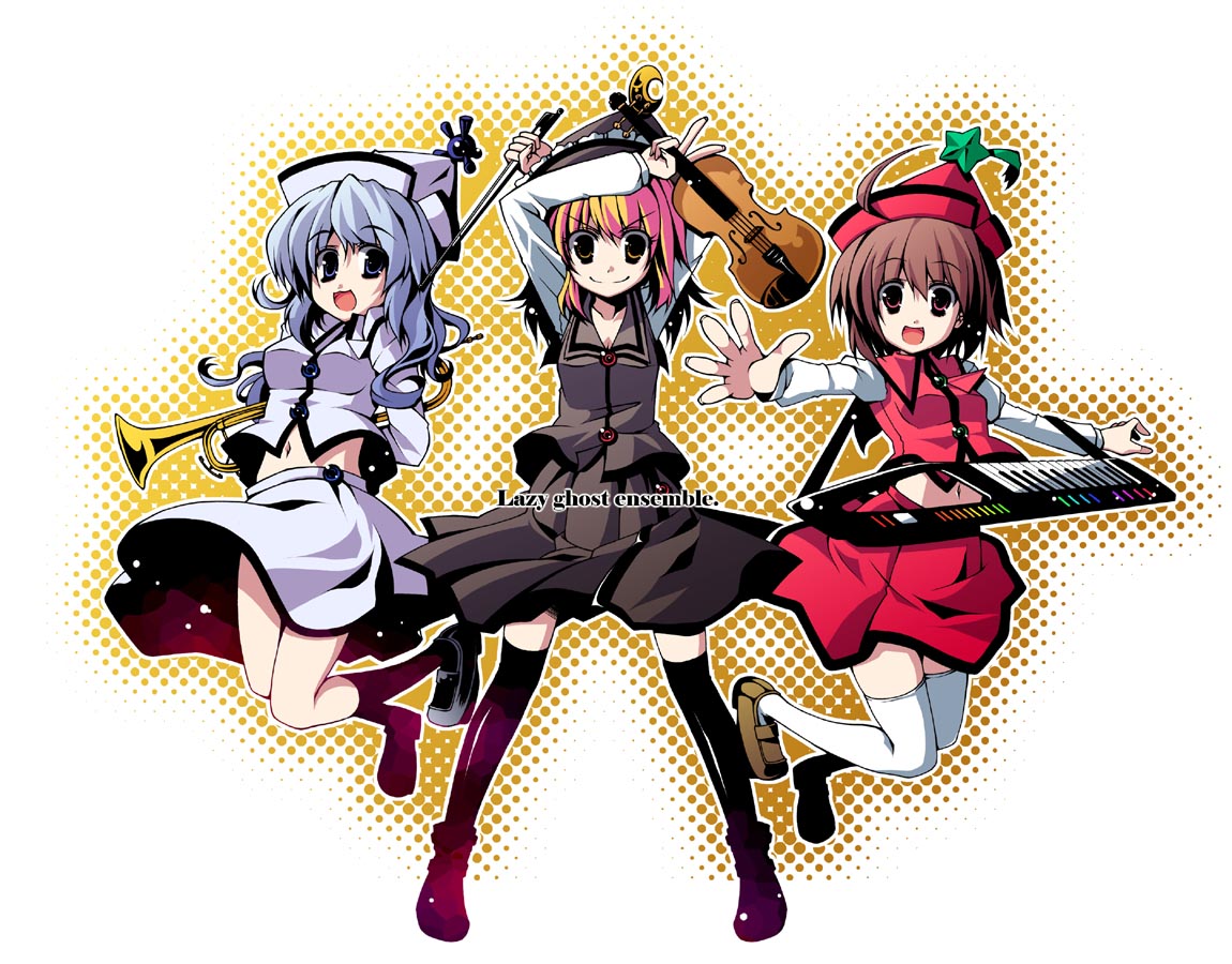 utsurogi angu, lunasa prismriver, lyrica prismriver, merlin prismriver, touhou, 3girls, blonde hair, bow (music), brown eyes, brown hair, female focus, hat, instrument, keyboard (instrument), midriff, multiple girls, navel, siblings, sisters, thighhighs, trumpet, violin