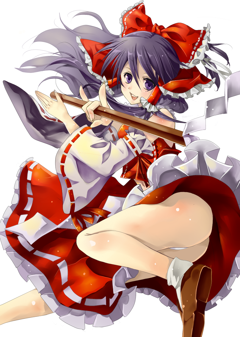 platinumcorundum, hakurei reimu, touhou, bad id, bad pixiv id, 1girl, ass, black hair, bow, detached sleeves, female focus, gohei, hair bow, hair ornament, japanese clothes, laughing, long hair, miko, panties, pantyshot, purple eyes, purple hair, ribbon, shoes, skirt, smile, socks, solo, underwear, upskirt, white background