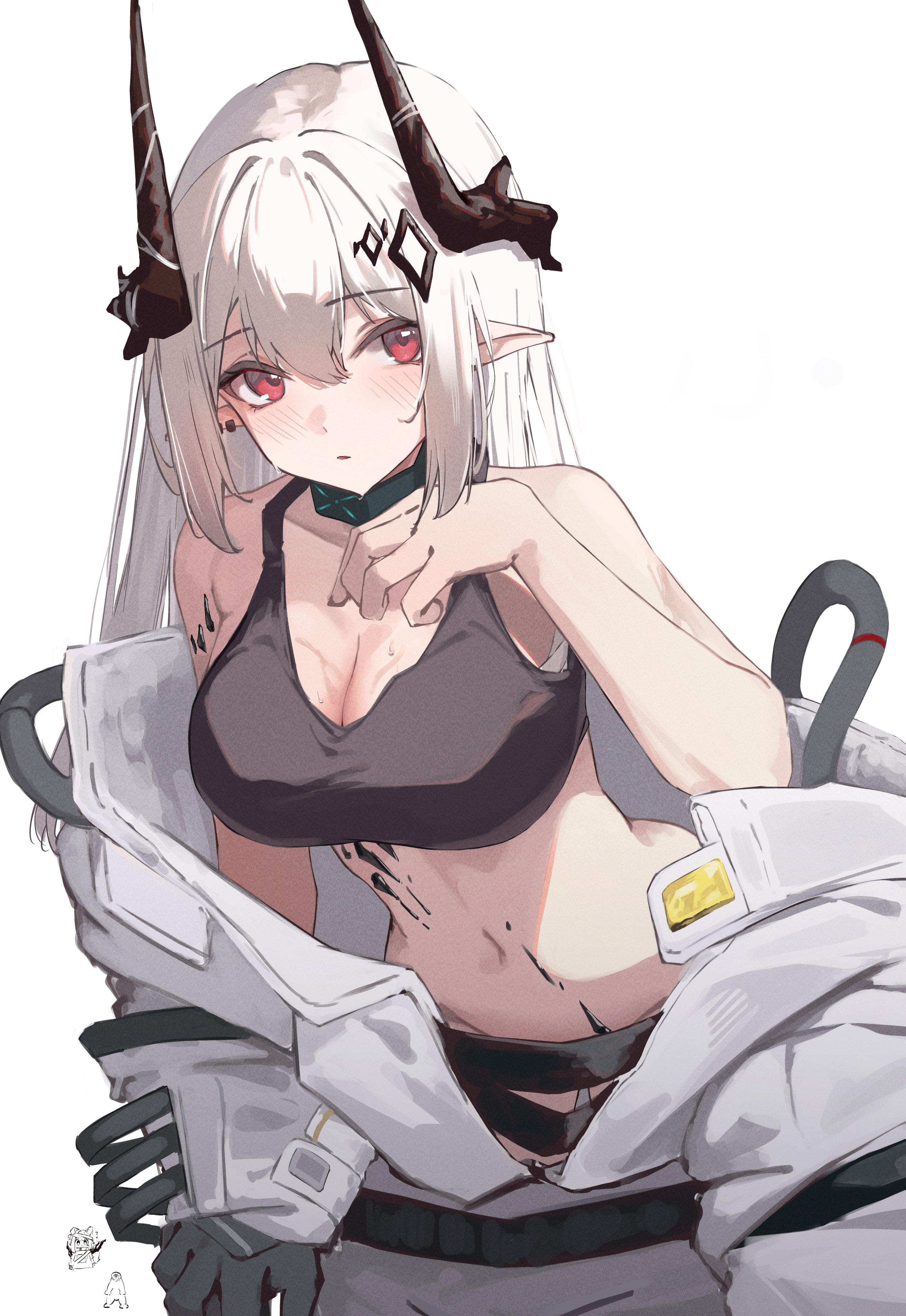 nekomatamago, infection monitor (arknights), mudrock (arknights), mudrock (elite ii) (arknights), arknights, absurdres, highres, 1girl, black horns, black sports bra, blush, breasts, chest sarashi, cleavage, crop top, demon horns, hair between eyes, horns, jumpsuit, large breasts, long hair, material growth, navel, open jumpsuit, open mouth, oripathy lesion (arknights), pointy ears, red eyes, sarashi, simple background, solo, sports bra, stomach, sweat, white background, white hair, white jumpsuit