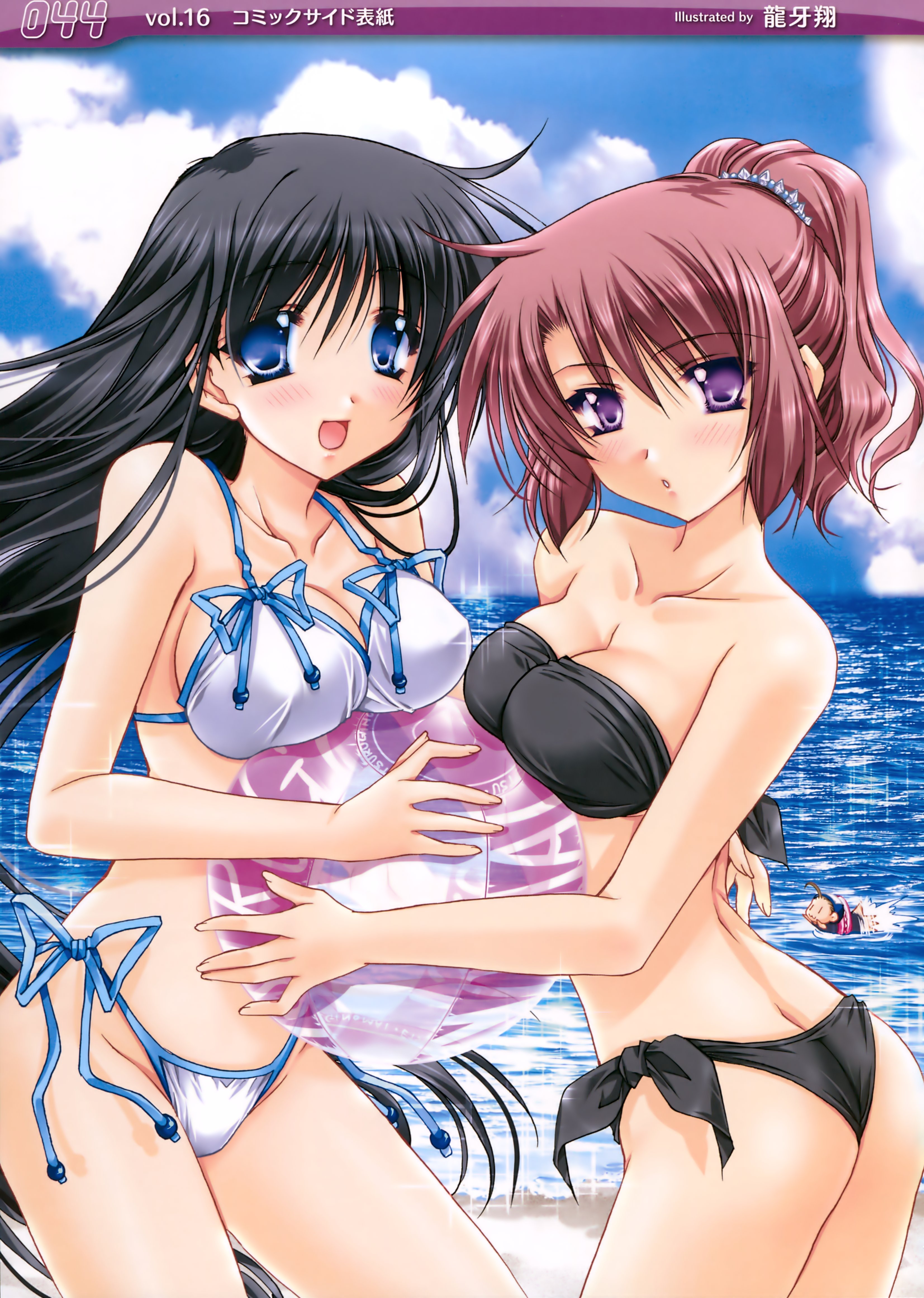 ryuuga shou, tsurugi no mai!, absurdres, highres, 2girls, ball, bare shoulders, beach, beachball, bikini, black hair, blue eyes, blush, breasts, butt crack, cleavage, day, large breasts, long hair, lowleg, lowleg bikini, medium breasts, multiple girls, outdoors, purple eyes, side-tie bikini bottom, strapless, strapless bikini, string bikini, swimsuit, water, yuri