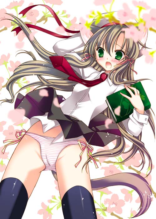 aion (pixiv), amou mari, original, animal ears, blush, book, cameltoe, flower, green eyes, grey hair, hat, long hair, necktie, open mouth, panties, ribbon, side-tie panties, skirt, solo, striped clothes, striped panties, tail, thighhighs, underwear, wind, wind lift