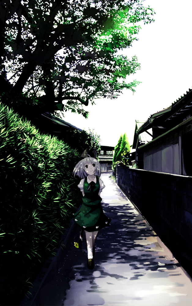 takanashi akihito, konpaku youmu, touhou, wall, 1girl, arms behind back, black eyes, brown shoes, building, bush, dappled sunlight, female focus, flower, green skirt, green vest, grey hair, hairband, looking at viewer, nature, no legwear, path, road, sheath, shoes, short hair, skirt, smile, solo, stone wall, sunlight, tree, tree shade, vanishing point, vest, wind