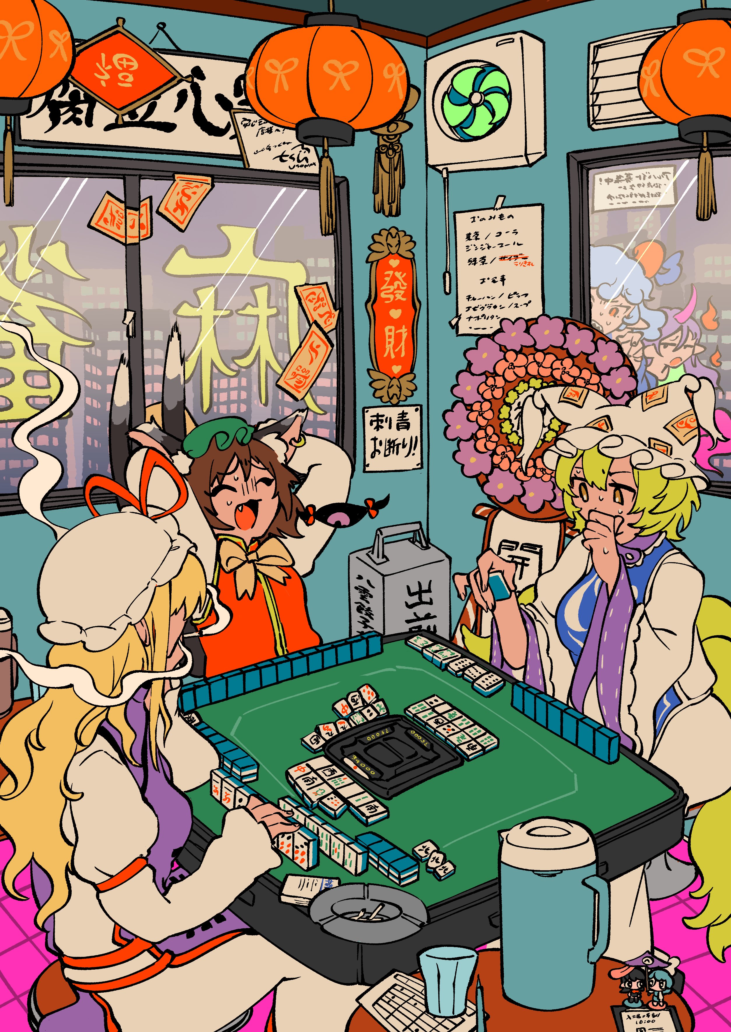yamazaki tsukune, chen, houjuu nue, tatara kogasa, tenkajin chiyari, toutetsu yuuma, yakumo ran, yakumo yukari, touhou, absurdres, commentary request, highres, translation request, 5girls, air conditioner, animal ear piercing, animal ears, animal realm (touhou), blonde hair, brown hair, building, cat ears, cat girl, cat tail, cheating (competitive), dress, earrings, figure, fox girl, gap (touhou), green hat, grey hair, hat, hat ribbon, holding, holding mahjong tile, in-universe location, indoors, jewelry, kitsune, kyuubi, lantern, long hair, long sleeves, mahjong, mahjong table, mahjong tile, mob cap, multiple girls, multiple tails, ofuda, open mouth, paper lantern, purple tabard, red ribbon, red vest, ribbon, shirt, short hair, single earring, sitting, skyscraper, tabard, table, tail, two tails, upper body, vest, white dress, white hat, white shirt