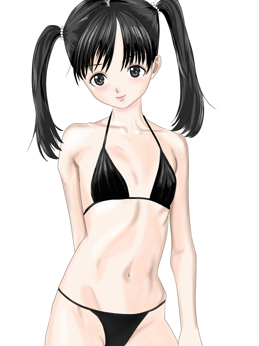 mk (chiko1015), highres, bikini, black bikini, black eyes, black hair, flat chest, lowleg, lowleg bikini, simple background, solo, string bikini, swimsuit, twintails