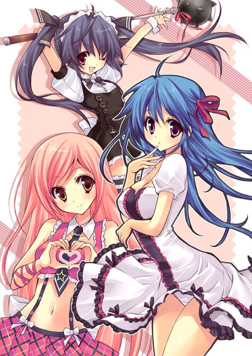 yukiwo, arin (pangya), kooh (pangya), lucia, lucia (pangya), pangya, 3girls, black hair, brown eyes, dress flip, hair ribbon, heart, heart hands, long hair, mace, midriff, multiple girls, navel, necktie, panties, pantyshot, pink hair, plaid clothes, plaid skirt, purple eyes, ribbon, skirt, smile, thighhighs, twintails, underwear, weapon, white panties, wrist cuffs