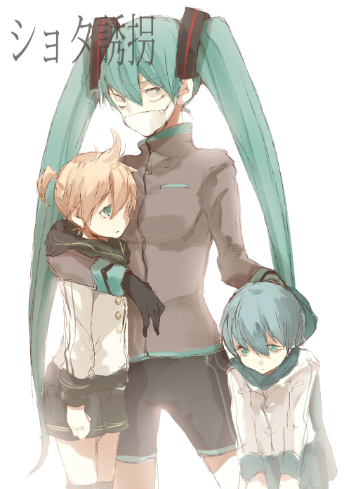 tetsuo (tashirosu), hatsune miku, kagamine len, kaito (vocaloid), roshin yuukai (vocaloid), vocaloid, 1girl, 2boys, adapted costume, aged down, ahoge, alternate costume, aqua eyes, aqua hair, arm around shoulder, blonde hair, blue eyes, carrying, cowboy shot, dust mask, gloves, hair between eyes, hood, hood down, hoodie, kneehighs, long hair, long sleeves, looking at another, mask, mouth mask, multiple boys, parody, ponytail, scarf, shorts, simple background, sketch, socks, song name, standing, surgical mask, twintails, very long hair, white background