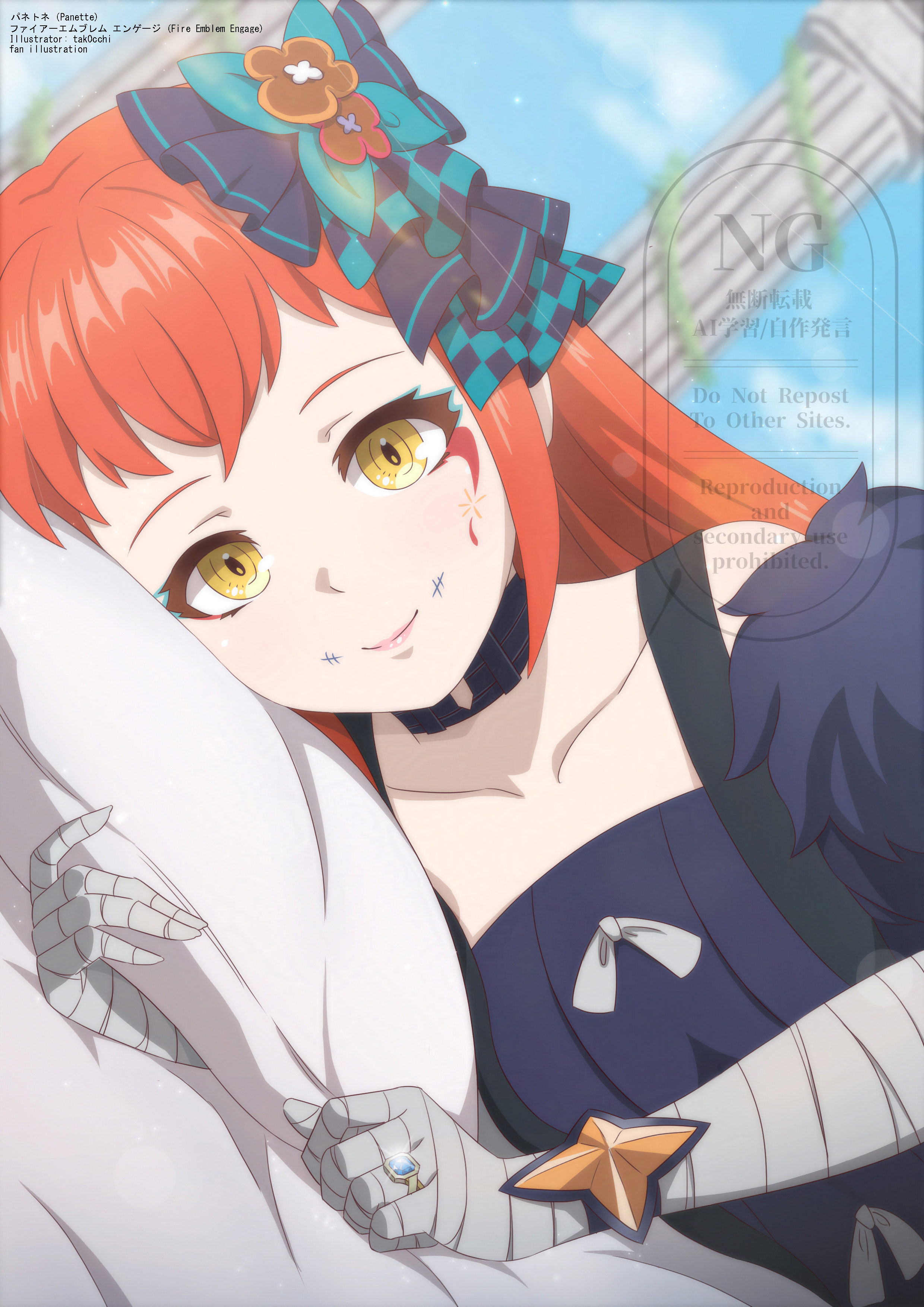 tak0baka, panette (fire emblem), fire emblem, fire emblem engage, nintendo, absurdres, highres, 1girl, aqua eyeshadow, bandaged arm, bandaged hand, bandages, black choker, black dress, choker, dress, eyeliner, eyeshadow, facial mark, hair ornament, long hair, looking at viewer, makeup, orange hair, red eyeliner, short bangs, stitched mouth, stitches, yellow eyes