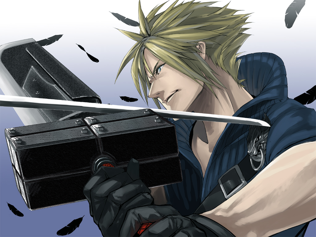 er-mint, cloud strife, final fantasy, final fantasy vii, final fantasy vii advent children, 00s, 1990s (style), blonde hair, feathers, gloves, huge weapon, male focus, masamune (ff7), retro artstyle, solo, sword, weapon