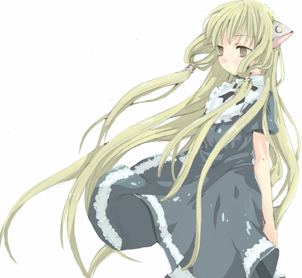 kurozu (ice black), chii, chobits, 00s, blonde hair, brown eyes, dress, long hair, robot ears, solo, very long hair