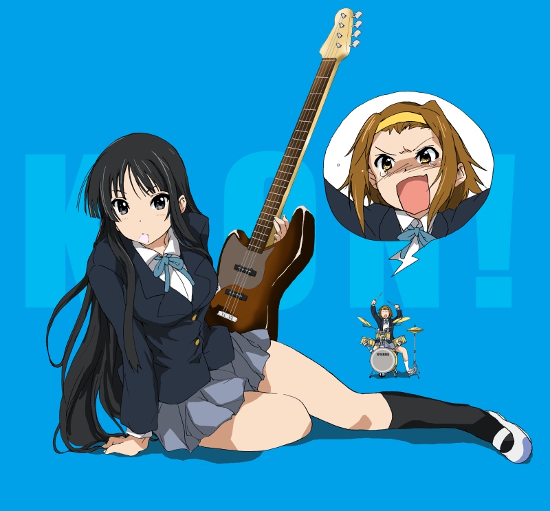 matsukura nemu, akiyama mio, tainaka ritsu, k-on!, 00s, 2girls, bass guitar, black eyes, black hair, blazer, blunt bangs, drum, drum set, hair ornament, hairband, hime cut, instrument, jacket, long hair, miniskirt, multiple girls, pleated skirt, plectrum, ribbon, school uniform, sitting, skirt, thighs, yellow eyes