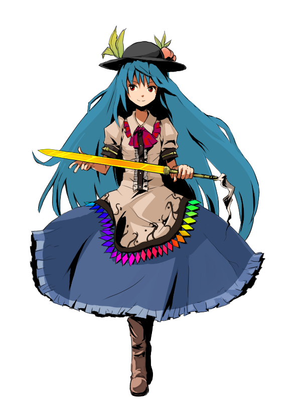 yokohachi, hinanawi tenshi, touhou, 1girl, apron, blue hair, boots, bow, bowtie, female focus, food, fruit, hat, leaf, long hair, peach, puffy sleeves, red eyes, skirt, smile, solo, sword, sword of hisou, very long hair, weapon