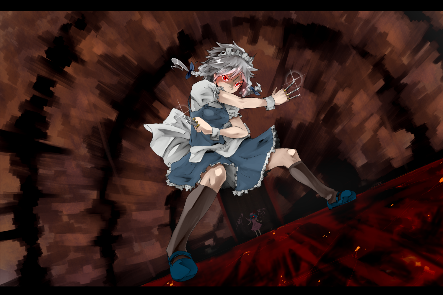 yokohachi, izayoi sakuya, remilia scarlet, touhou, silver hair, 2girls, braid, female focus, fighting stance, glaring, glowing, glowing eyes, hairband, hat, knife, letterboxed, looking at viewer, multiple girls, red eyes, short hair, twin braids, wings