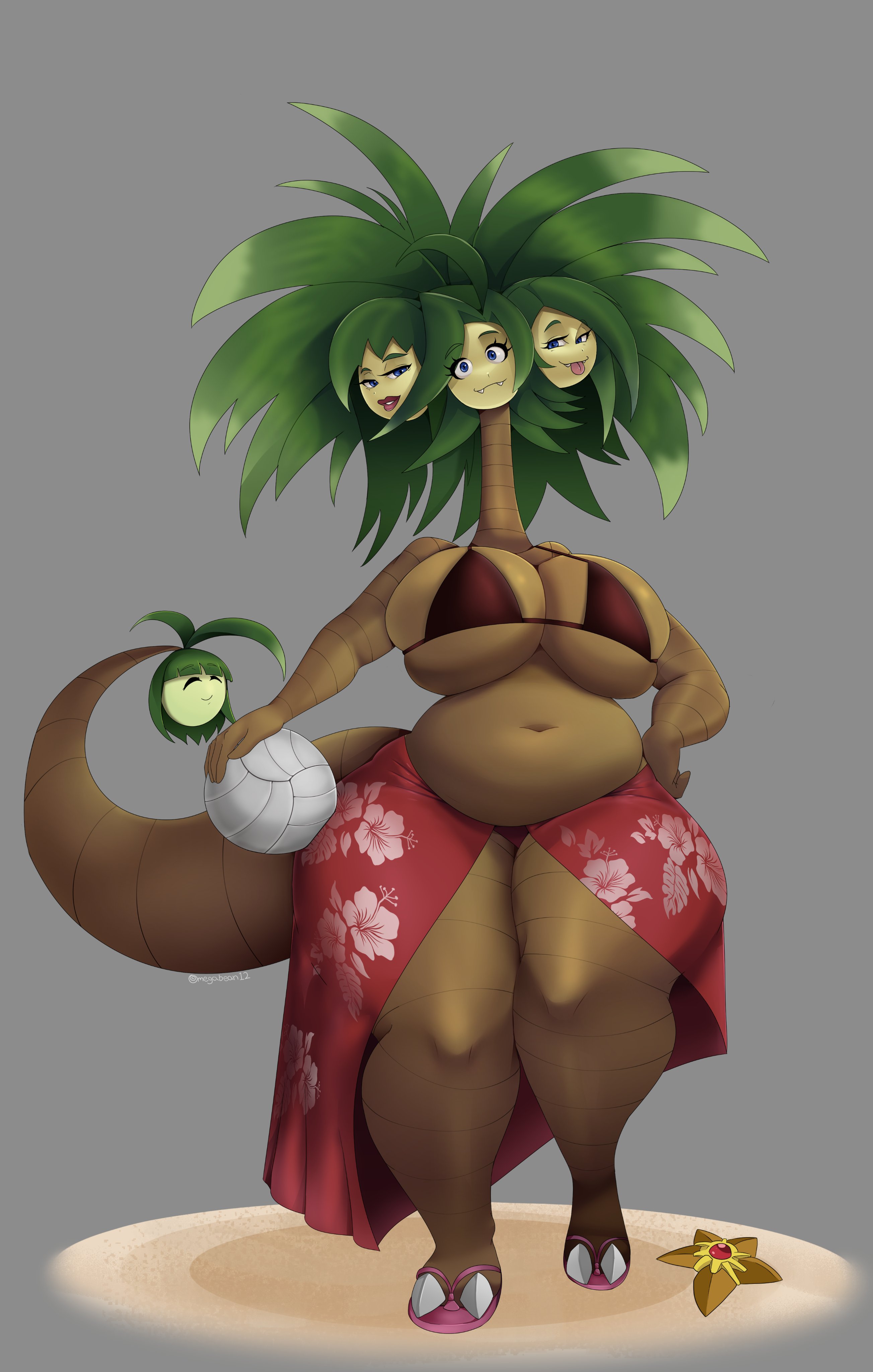 theomegagod, alolan exeggutor, starmie, nintendo, pokemon, absurdres, highres, 1girl, alolan form, ball, bikini, blue eyes, breasts, fangs, gen 1 pokemon, gen 7 pokemon, grey background, grey hair, huge breasts, long hair, long neck, looking at viewer, monster girl, multiple heads, navel, omegabean, plump, pokemon (creature), red bikini, red sarong, sandals, sarong, simple background, smile, solo, stomach, swimsuit, thick lips, thick thighs, thighs, tongue, tongue out, volleyball (object)