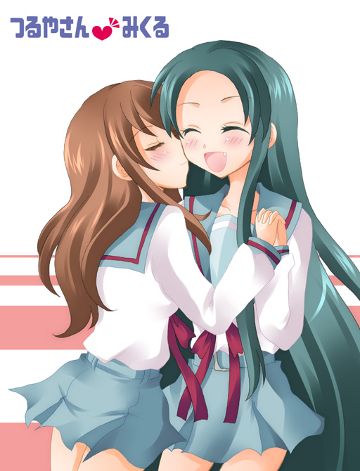 asahina mikuru, tsuruya, suzumiya haruhi no yuuutsu, non-web source, 00s, blush, brown hair, closed eyes, fang, green hair, holding hands, kiss, kissing cheek, long hair, school uniform, serafuku, very long hair, yuri