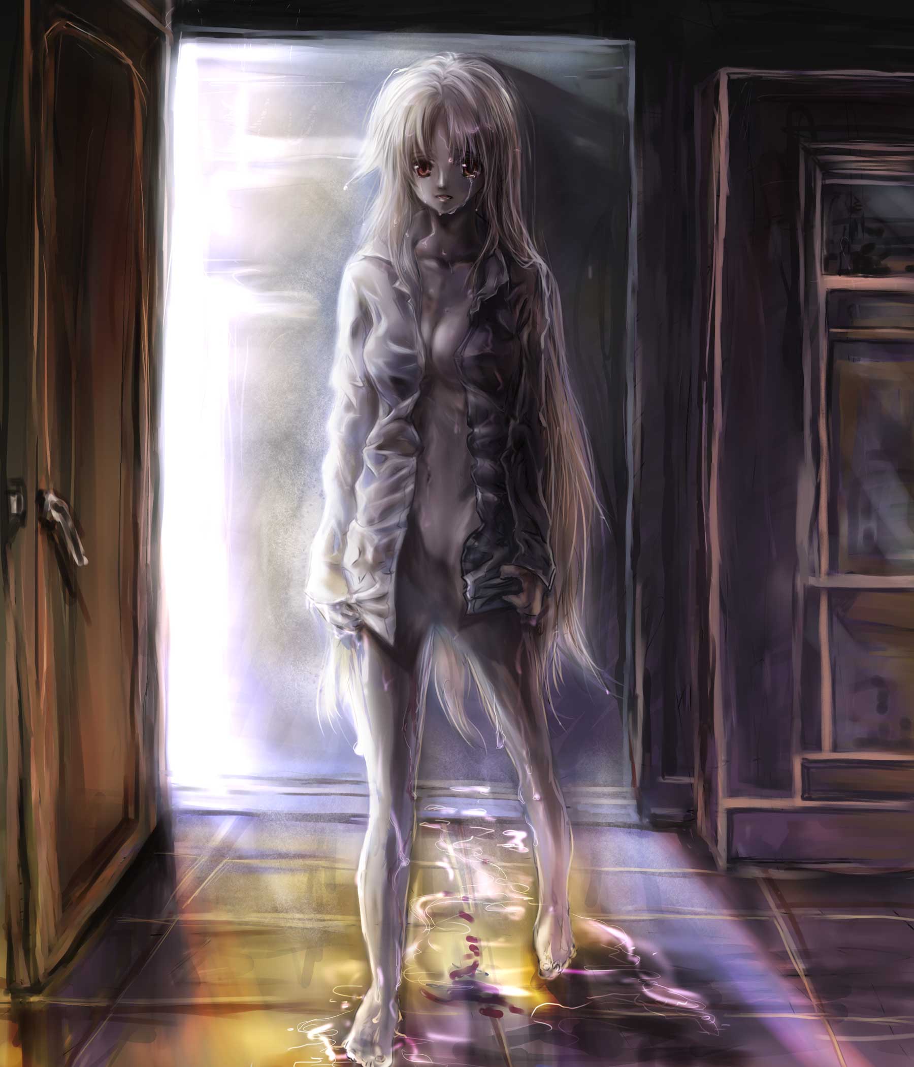 ego6, fate testarossa, lyrical nanoha, mahou shoujo lyrical nanoha, mahou shoujo lyrical nanoha strikers, highres, 00s, 1girl, barefoot, blonde hair, blood, bottomless, breasts, female focus, large breasts, long hair, open clothes, open shirt, red eyes, shirt, solo, tears, very long hair, wet