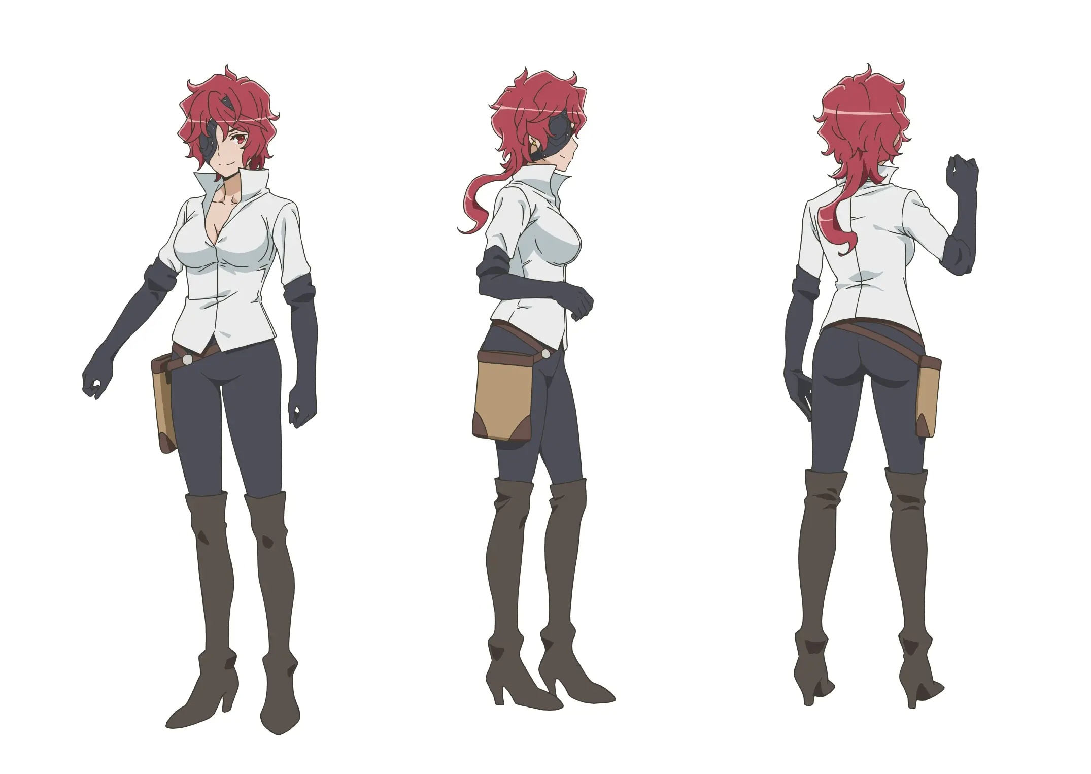 hephaistos (danmachi), dungeon ni deai wo motomeru no wa machigatteiru darou ka, highres, official art, source request, 1girl, ass, breasts, cleavage, eyepatch, large breasts, red hair, smile