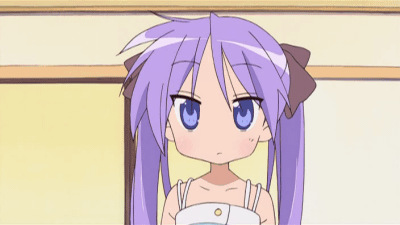hiiragi kagami, lucky star, animated, animated gif, lowres, 00s, 1girl, blue eyes, female focus, grin, long hair, purple hair, ribbon, smile, solo, tsurime, twintails, you gonna get raped