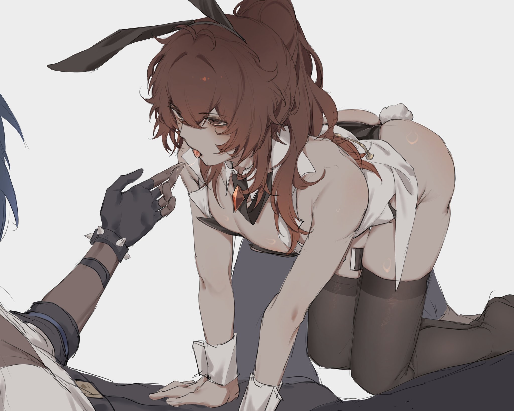 zehuij, diluc (genshin impact), kaeya (genshin impact), genshin impact, highres, 2boys, all fours, animal ears, ass, black gloves, black thighhighs, blue hair, crossdressing, crossdressing (mtf), dark-skinned male, dark skin, detached collar, fake animal ears, gloves, hair between eyes, inseki, long hair, male focus, male playboy bunny, multiple boys, partially fingerless gloves, ponytail, rabbit ears, rabbit tail, red eyes, red hair, saliva, saliva trail, simple background, tail, thighhighs, thighs, tongue, tongue out, white background, wrist cuffs, yaoi