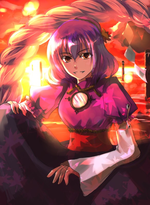 foro (planet cage), o kawa, yasaka kanako, touhou, 1girl, female focus, mirror, purple hair, rope, solo, sunset