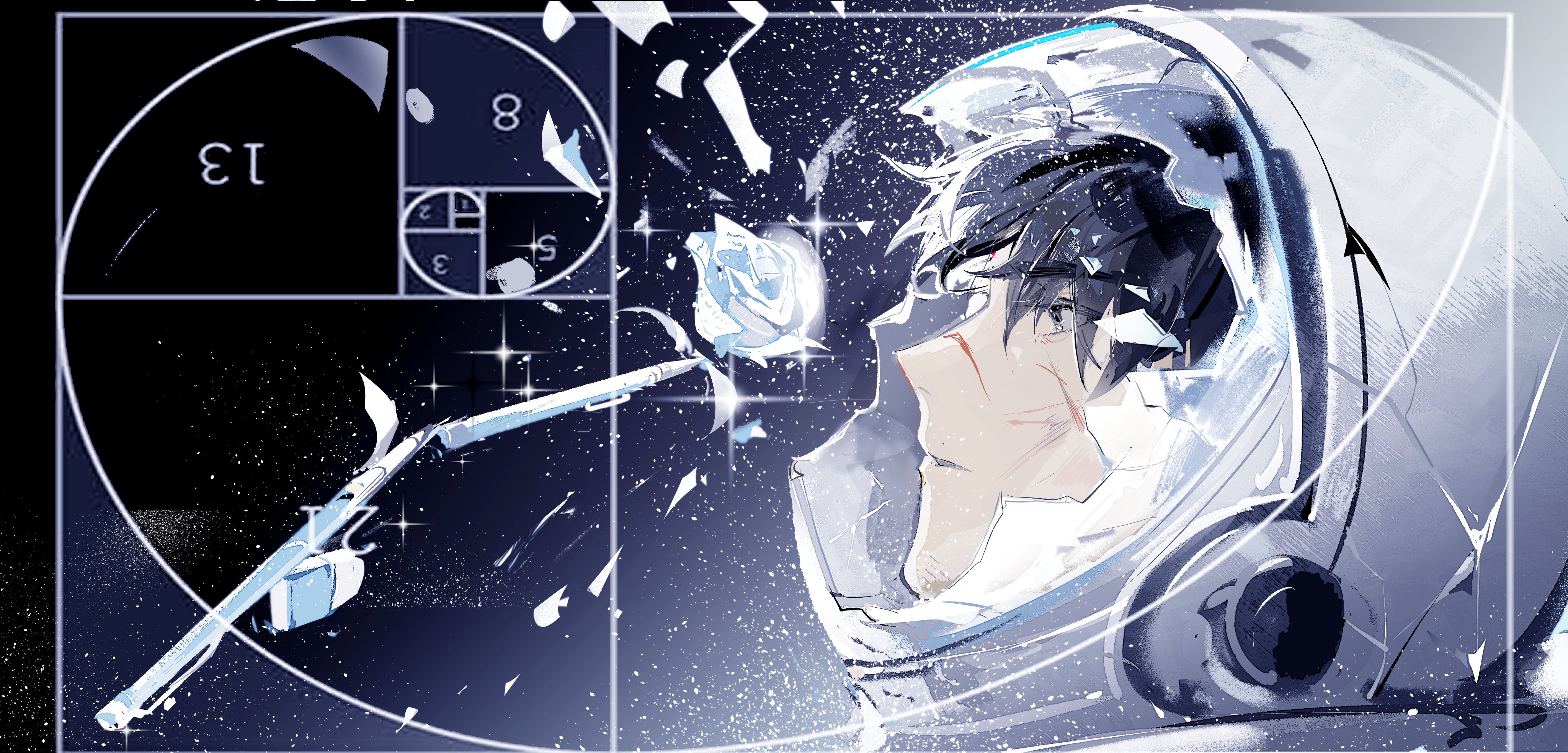lantercat, yoo joonghyuk, omniscient reader's viewpoint, absurdres, chinese commentary, commentary request, highres, 1boy, astronaut, black eyes, black hair, broken glass, broken helmet, crystal flower, flower, glass, golden spiral, helmet, male focus, multiple scars, numbered, official alternate costume, parted lips, portrait, rose, scar, scar on face, short hair, sky, solo, space, space helmet, spacesuit, star (sky), starry sky, white flower, white rose