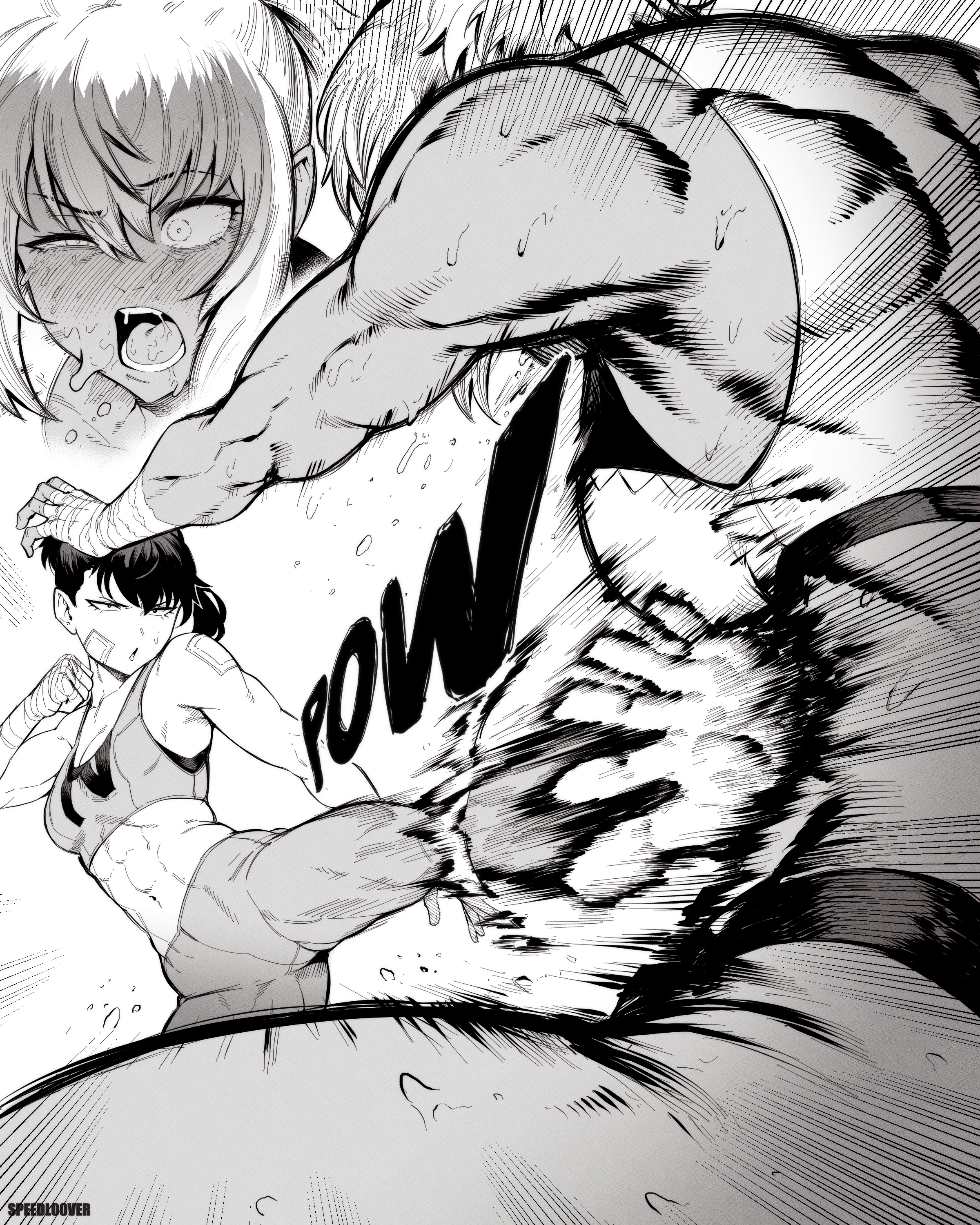 speedl00ver, original, absurdres, highres, 2girls, abs, artist name, asena (speedl00ver), attack, back, bandaged hand, bandages, bandaid, bandaid on face, bandaid on shoulder, bare shoulders, black hair, english text, feet, fighting stance, foot on another's stomach, greyscale, kicking, long bangs, midriff, monochrome, motion blur, motion lines, multiple girls, multiple views, navel, open mouth, pain, parted lips, projected inset, saliva, signature, soles, sound effects, sports bra, sweat, sweatdrop, teeth, toned, toned female, tongue, white hair
