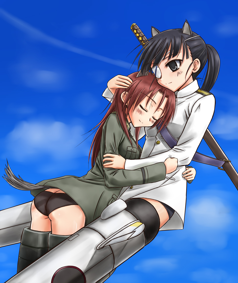 masarou, minna-dietlinde wilcke, sakamoto mio, strike witches, world witches series, bad id, bad pixiv id, 00s, 2girls, animal ears, ass, black eyes, black hair, blush, closed eyes, eyepatch, hug, multiple girls, panties, striker unit, sword, tail, underwear, weapon, yuri
