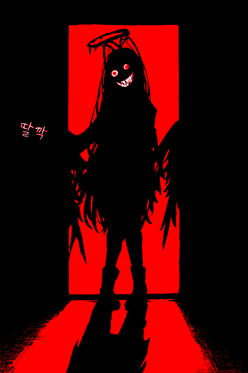 tsurugi (blue archive), blue archive, highres, 1girl, blood, blood halo, halo, horror (theme), liquid halo, low wings, open door, open mouth, red eyes, solo, teeth, wings