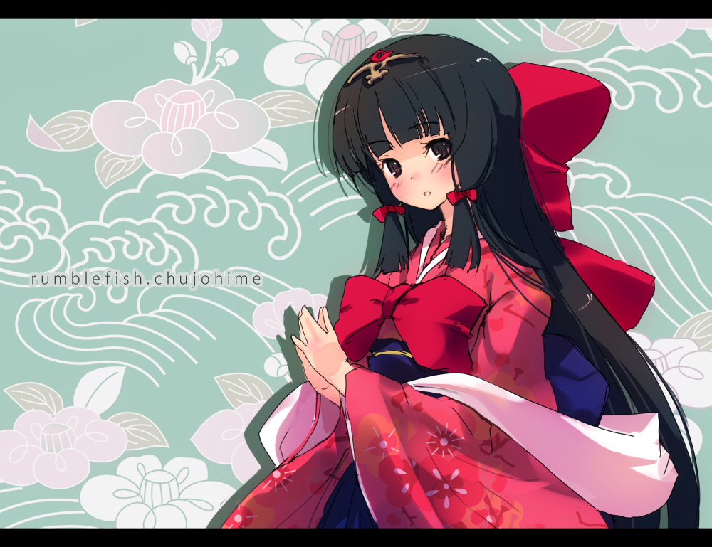 refeia, original, 1girl, blush, bow, brown eyes, brown hair, female focus, floral print, hair bow, hair ribbon, head tilt, japanese clothes, kimono, long hair, looking at viewer, multiple hair bows, obi, own hands together, ribbon, sash, sidelocks, solo, very long hair