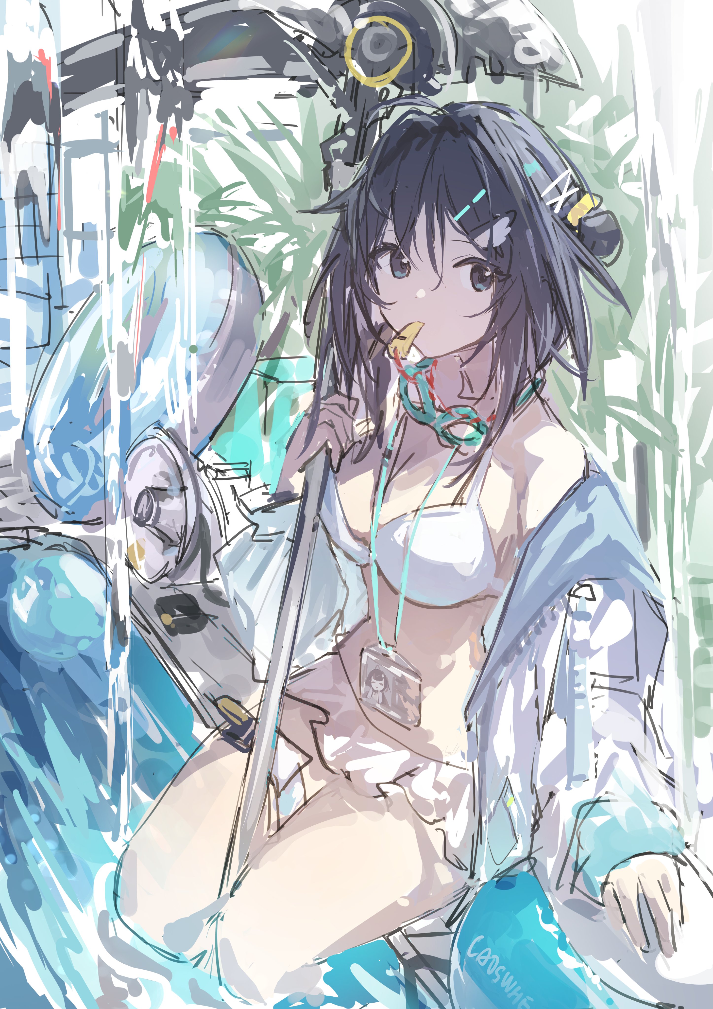 laoshi wo hao e, la pluma (arknights), la pluma (summer flowers) (arknights), arknights, absurdres, highres, 1girl, ball, bathtub, beachball, belt, bikini, black eyes, black hair, breasts, feather hair, frilled bikini, frills, goggles, goggles around neck, hair intakes, hair ornament, hairclip, holding, holding scythe, id card, jacket, jacket over swimsuit, medium breasts, megaphone, scythe, sketch, swim goggles, swimsuit, thigh belt, thigh strap, water, whistle, white bikini, wing hair ornament