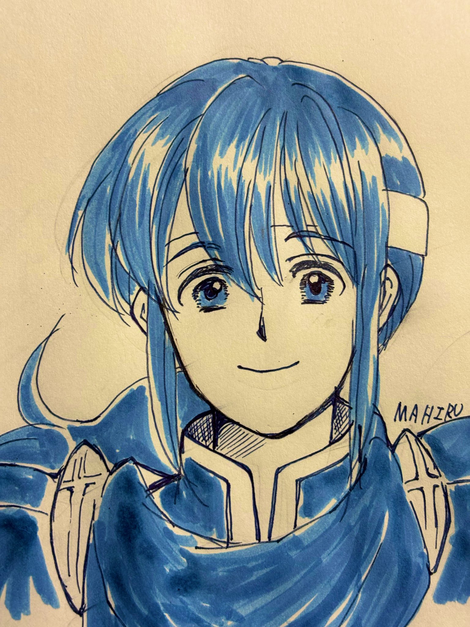 seliph (fire emblem), fire emblem, fire emblem: genealogy of the holy war, nintendo, highres, marker (medium), traditional media, 1boy, blue eyes, blue hair, cape, celislakce, headband, long hair, looking at viewer, ponytail, portrait, sidelocks, signature, simple background, smile, solo, white headband