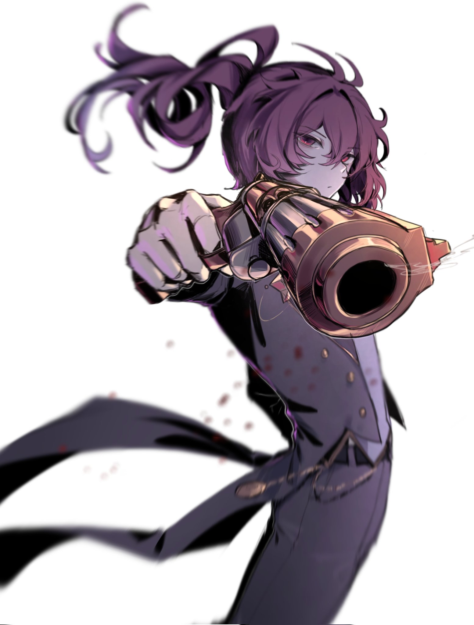 zehuij, diluc (genshin impact), genshin impact, highres, 1boy, aiming, aiming at viewer, blurry, blurry background, closed mouth, cowboy shot, gun, hair between eyes, holding, holding gun, holding weapon, long hair, male focus, ponytail, red eyes, red hair, simple background, solo, weapon, white background