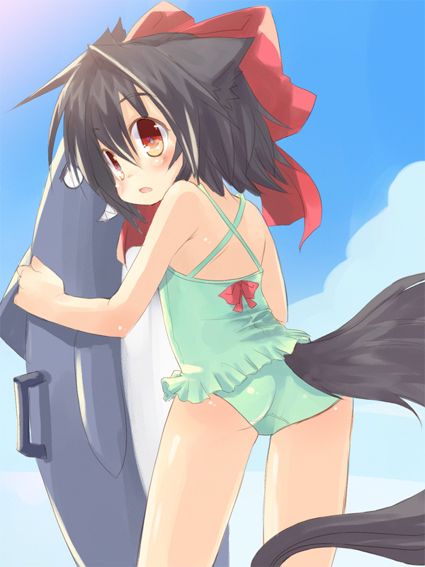 hyokkori tamago, toba hiyoko, kannagi cocoa, original, 1girl, animal ears, ass, black hair, child, female focus, one-piece swimsuit, red eyes, solo, swimsuit, tail
